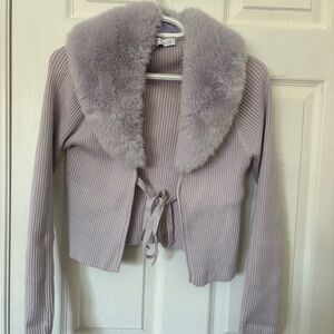 Zara Lavender Ribbed Cardigan with Faux Fur Collar